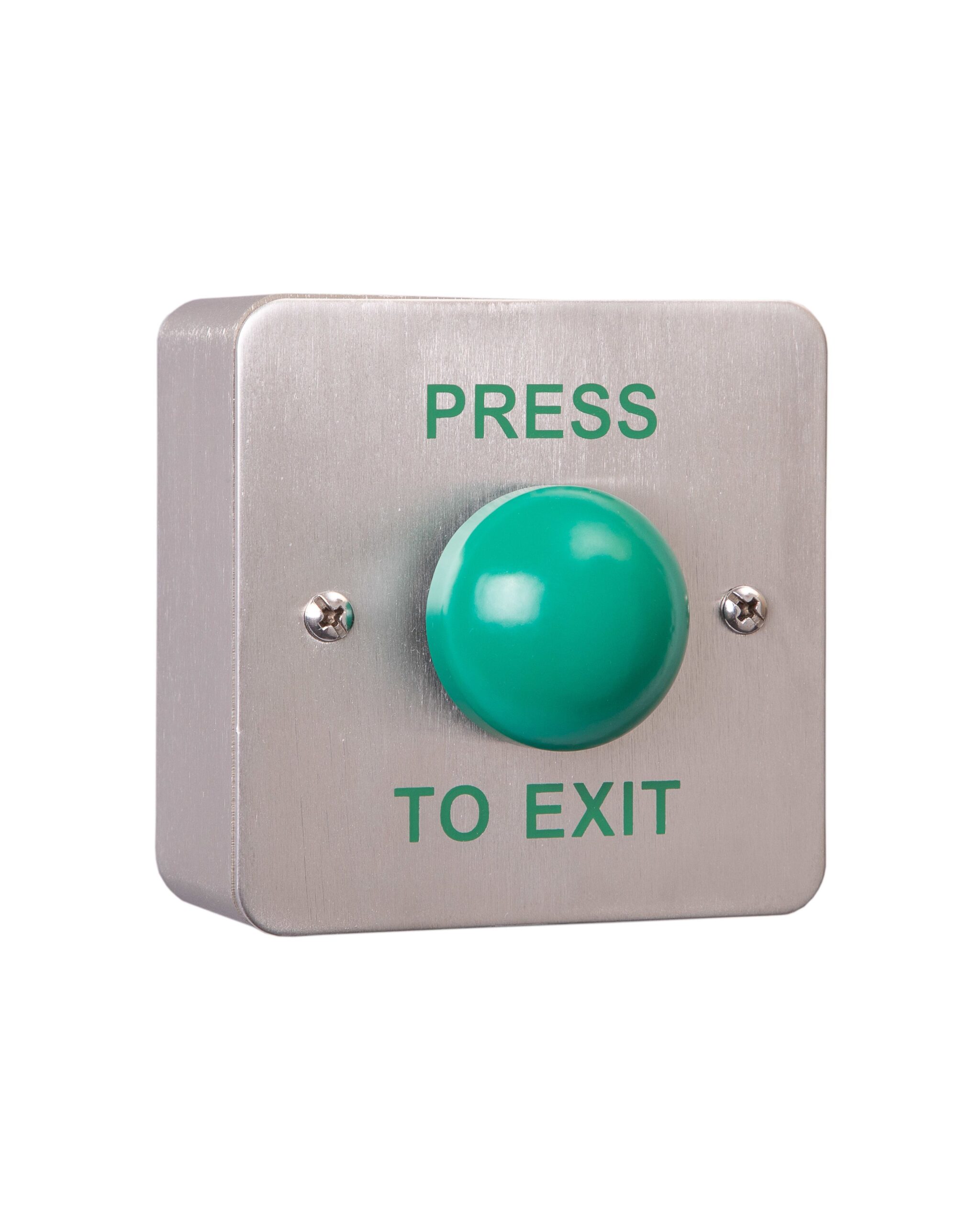 Standard Stainless Steel Plate, Green Dome Steel Button c/w Kobo Back Box - "Press to Exit"