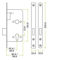 2 Piece - DIN euro deadlock - backset 60mm - radius