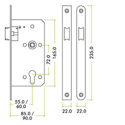 2 Piece - DIN latch - backset 60mm - radius