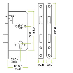 2 Piece - DIN euro sashlock - 72mm c/c - backset 60mm - radius