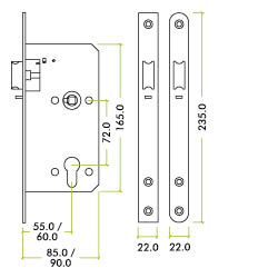 2 Piece - DIN night latch - 72mm c/c - backset 60mm - radius