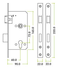 Din escape lock - 72mm c/c - backset 60mm