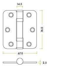 Grade 11 Ball Bearing Hinge Stainless Steel Radius - Grade 201 -76 x 67 x 2.5mm