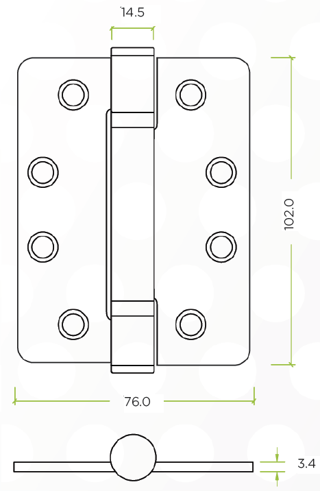 Grade 14 Low Maintenance Hinge Radius - 102 x 76 x 3.4mm