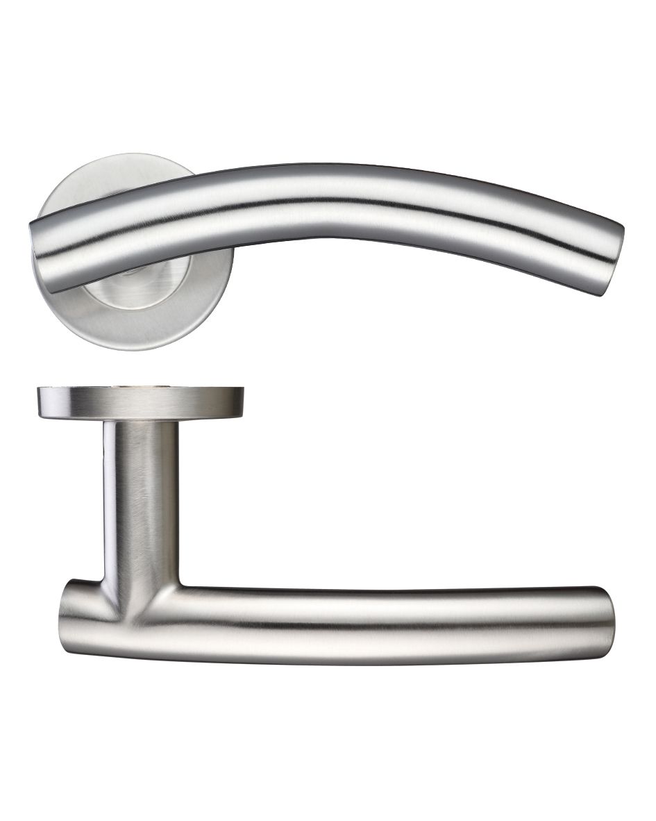 19mm Arched T-Bar Lever - Push On Rose - 52mm Dia - Grade 201KEY FEATURES BS EN 1634-1 SS Grade 201 52 x 8mm round sprung rose Suitable for 35-54mm doors